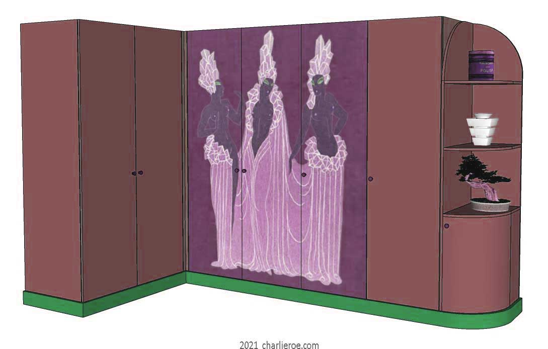 new Art Deco 6 door fitted corner bedroom wardrobes painted with Erte inspired decorative designs of women on a coloured background with end display shelves