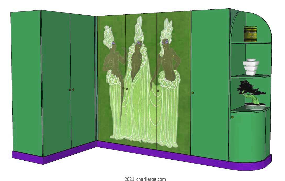 new Art Deco 6 door fitted corner bedroom wardrobes painted with Erte inspired decorative designs of women on a coloured background with end display shelves