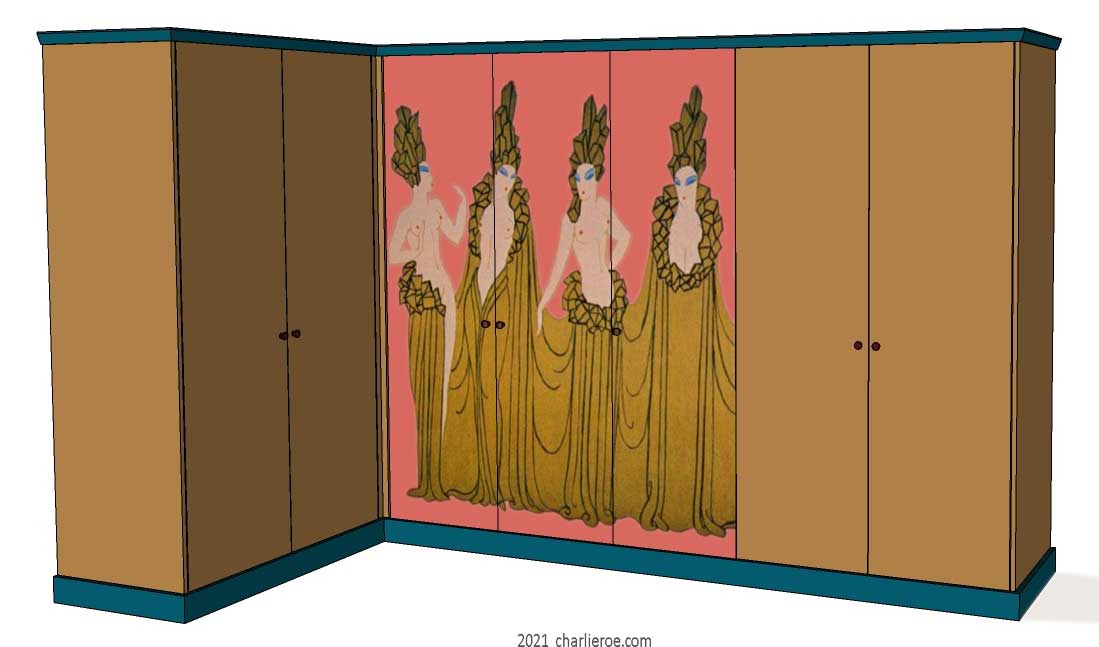 new Art Deco 7 door fitted corner bedroom wardrobes painted with Erte inspired decorative designs of women on a coloured background