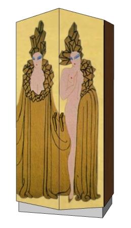 new Art Deco 2 door bedroom wardrobe painted with Erte inspired decorative designs of women on a gold leaf background