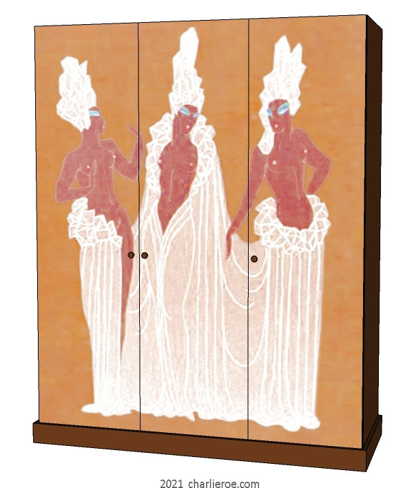 new Art Deco 3 door bedroom wardrobes painted with Erte inspired decorative designs of women on a coloured background