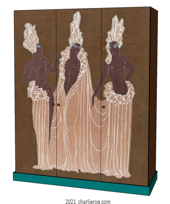new Art Deco 3 door fitted bedroom wardrobes painted with Erte inspired decorative designs of women on a coloured background