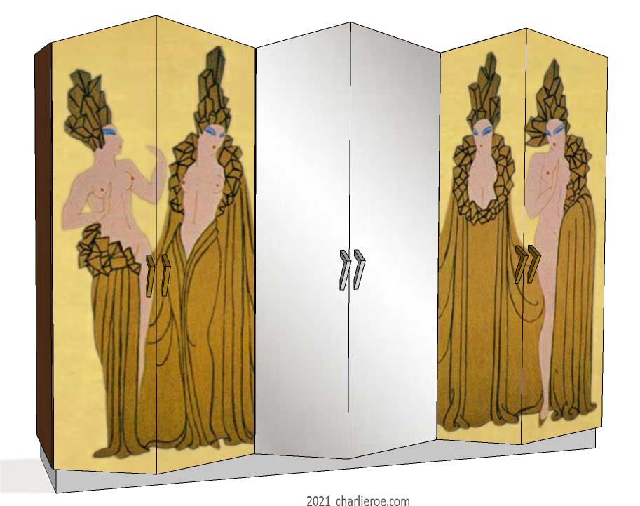 new Art Deco 6 door fitted bedroom wardrobe with Cubist doors & painted Erte inspired decorative designs of women on a coloured background & mirrored doors