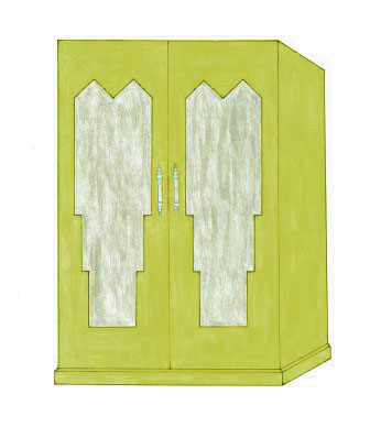 Art Deco bedroom built-in 2 door wardrobes with mirror panels furniture in sap green finish