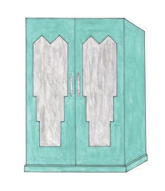 Art Deco bedroom built-in 2 door wardrobes with mirror panels furniture in verdigris finish