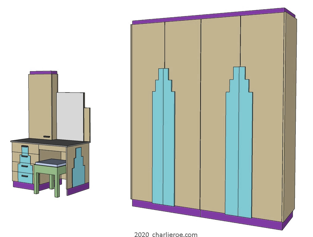 New Art Deco 4 door double painted wardrobe with skyscraper style door handles & matching dressing table & stool