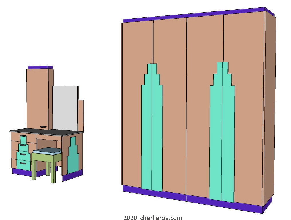 New Art Deco double 2 door wardrobe with Skyscraper style door handles & matching dressing table & stool