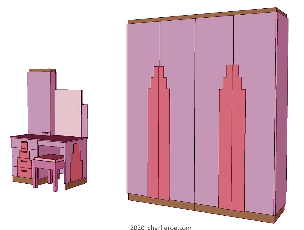 New Art Deco double 2 door wardrobe with Skyscraper style door handles & matching dressing table & stool