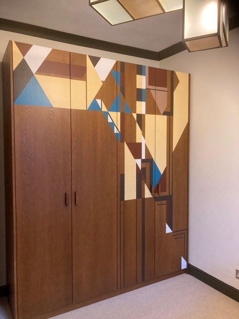 New Frank Lloyd Wright & Gene Masselink stained wood bedroom 4 door wardrobe with painted geometric designs