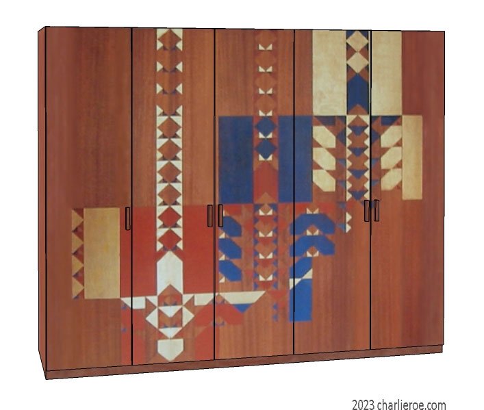 new Frank Lloyd Wright Arts & Crafts Movement 5 door bedroom wardrobes with with Gene Masselink decorative geometric designs on wood