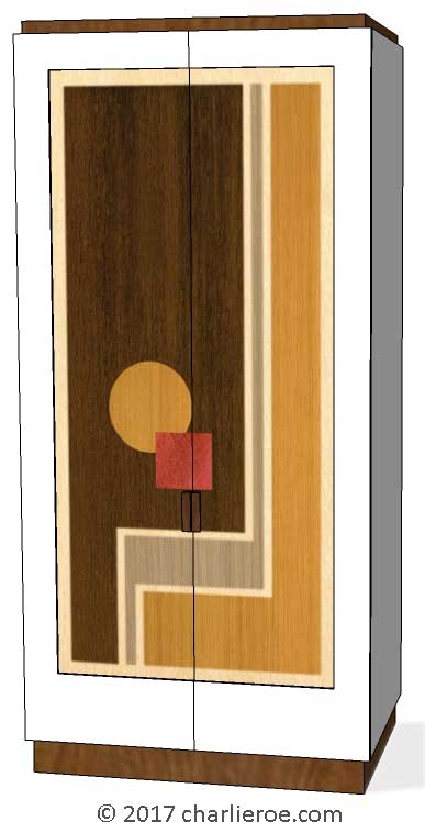 New Walter Dorwin Teague Art Deco marquetry veneered Cubist Geometric bedroom wardrobes