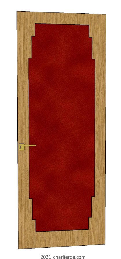 new bespoke Art Deco wood framed door with stepped top and bottom panel mouldings and red leather door panel