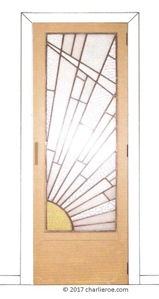 new Art Deco Moderne door with Cubist Rising Sun design leaded stained glass panel