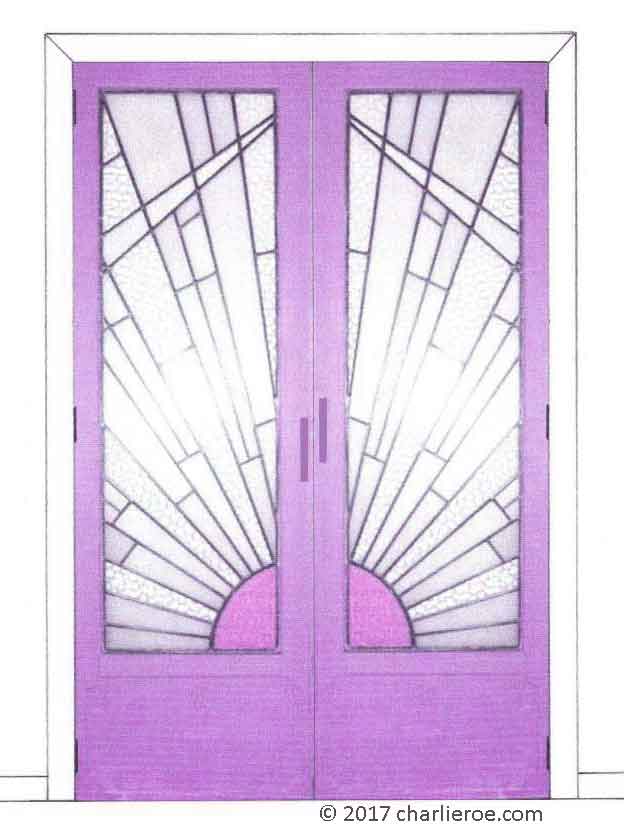 new Art Deco Moderne French doors with Cubist Rising Sun design leaded stained glass panel