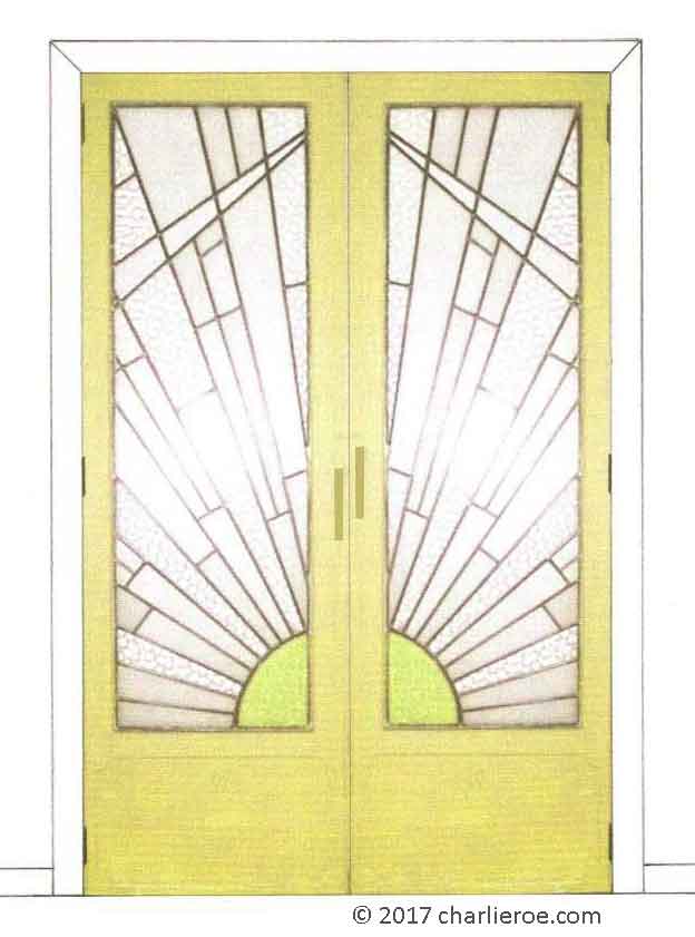 new Art Deco Moderne French doors with Cubist Rising Sun design leaded stained glass panel