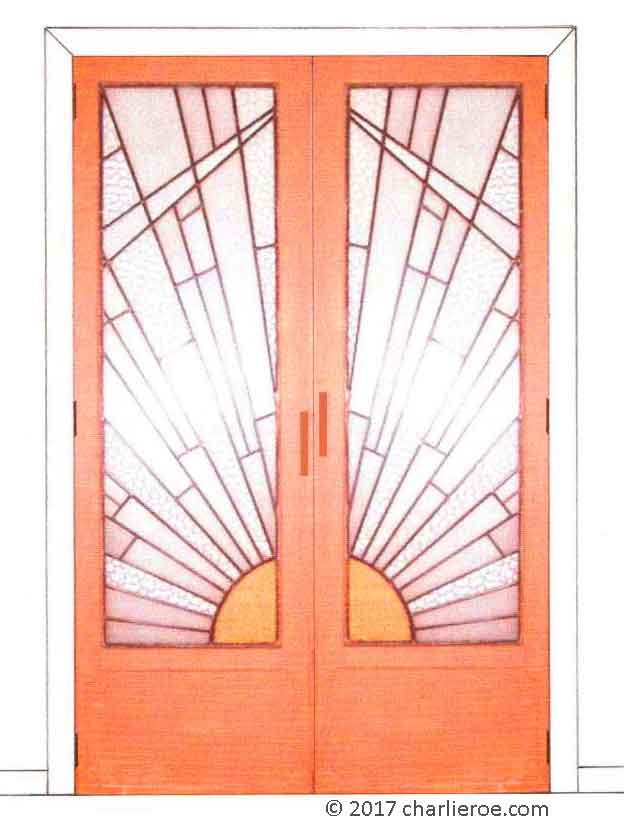 new Art Deco Moderne French doors with Cubist Rising Sun design leaded stained glass panel