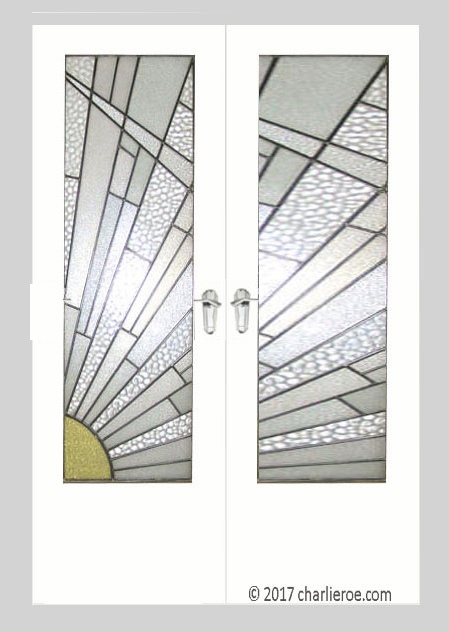 new Art Deco Moderne French doors with Cubist Rising Sun design leaded stained glass panel