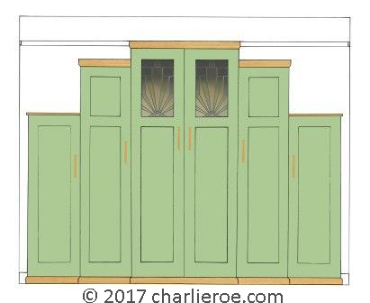 new Art Deco Skyscraper style stepped breakfront 6 door bedroom wardrobes painted & wood with stained glass panels furniture