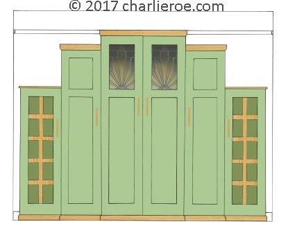 new Art Deco Skyscraper style stepped breakfront 6 door bedroom wardrobes painted & wood with stained glass panels furniture