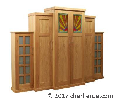 new Art Deco Skyscraper style stepped breakfront 6 door bookcase oak with rising sun stained glass door panels