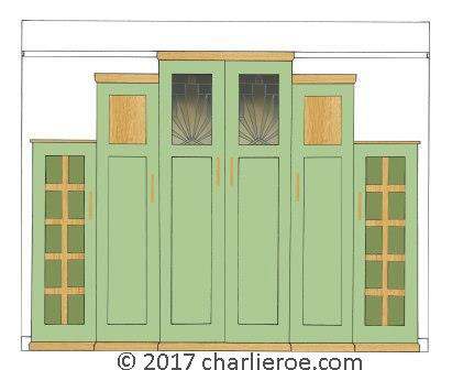 new Art Deco Skyscraper style stepped breakfront 6 door bedroom wardrobes painted & wood with stained glass panels furniture