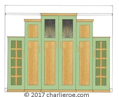 new Art Deco Skyscraper style stepped breakfront 6 door bedroom wardrobes painted & wood with stained glass panels furniture