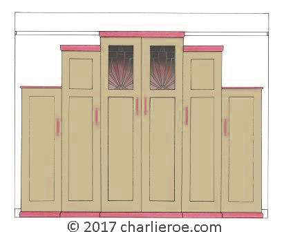new Art Deco Skyscraper style stepped breakfront 6 door bedroom wardrobes painted & wood with stained glass panels furniture