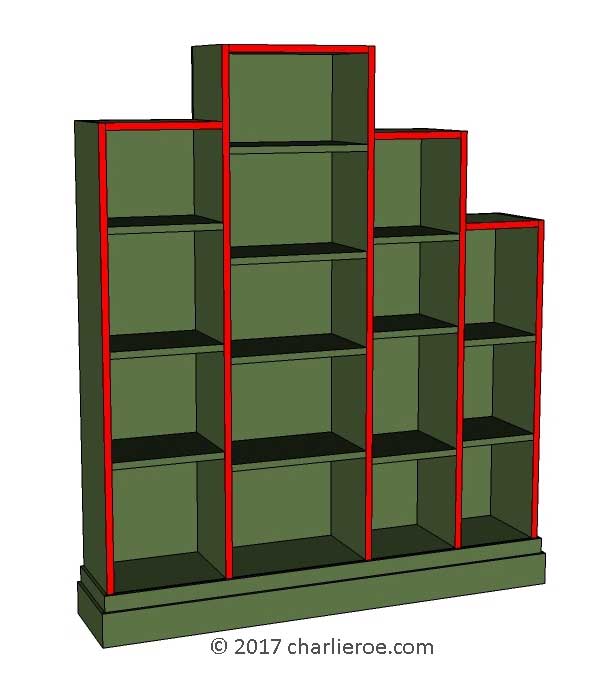 New large 'Skyscraper' style Art Deco bookcase painted green with red edges