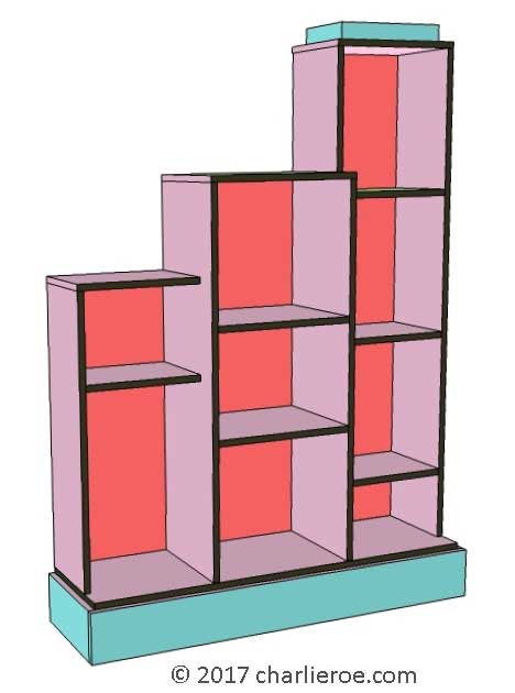 new Art Deco stepped 'Skyscraper' style 3 bay bookshelf in painted finish in Miami Deco colours