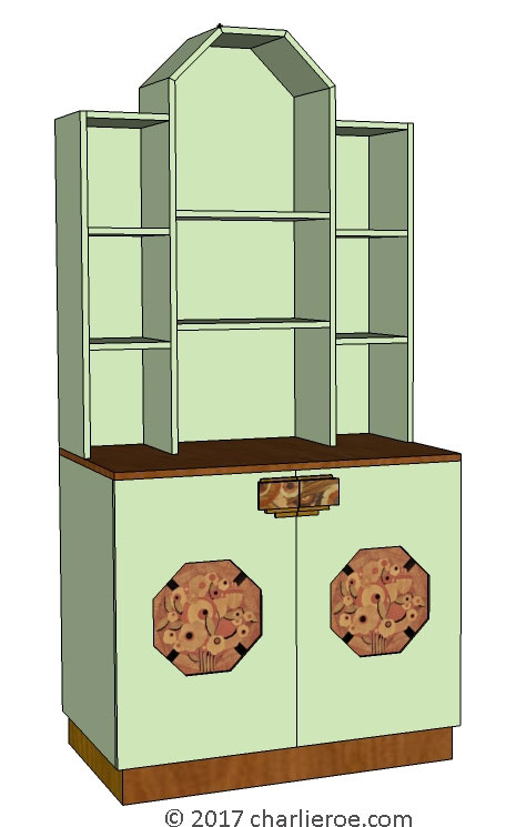 new Art Deco Moderne bookcase storage cabinet cupboard with marquetry panels and handles and lacquered painted in KEM WEber colours