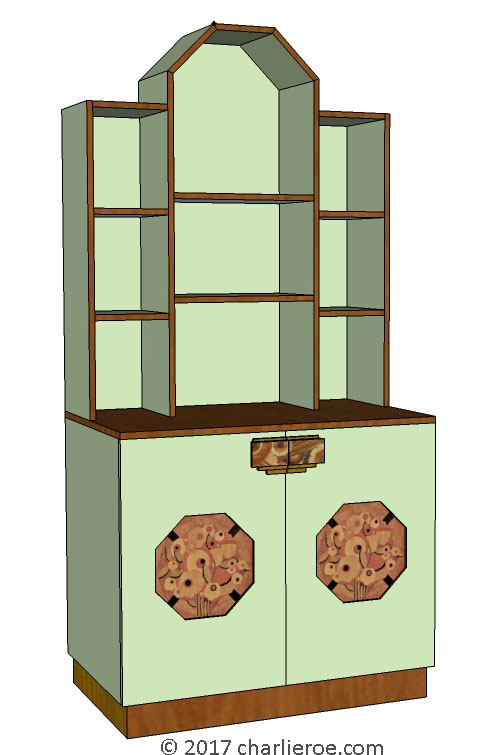 new Art Deco Moderne bookcase storage cabinet cupboard with marquetry panels and handles and lacquered painted in KEM WEber colours