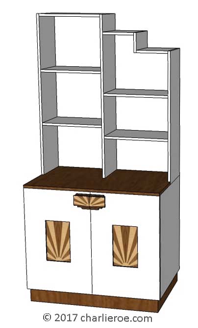 new Art Deco Moderne stepped Skyscraper style bookcase storage cabinet cupboard with rising sun marquetry panels and handles