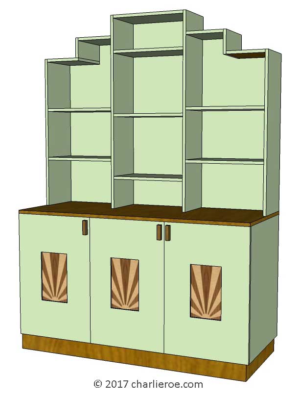 new Art Deco Moderne stepped Skyscraper style bookcase storage cabinet cupboard with marquetry panels and handles and lacquered painted in KEM Weber colours