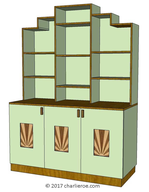 new Art Deco Moderne stepped Skyscraper style bookcase storage cabinet cupboard with marquetry panels and handles and lacquered painted in KEM Weber colours