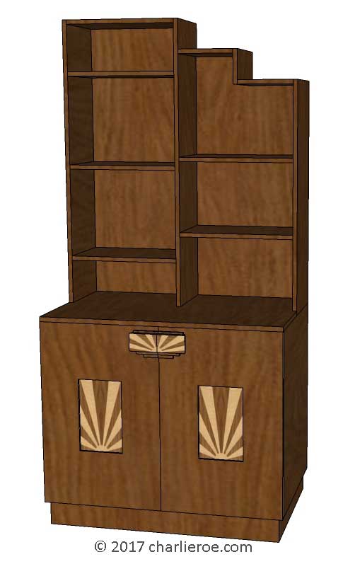 new Art Deco Moderne stepped Skyscraper style bookcase storage cabinet cupboard with marquetry panels and handles and lacquered painted