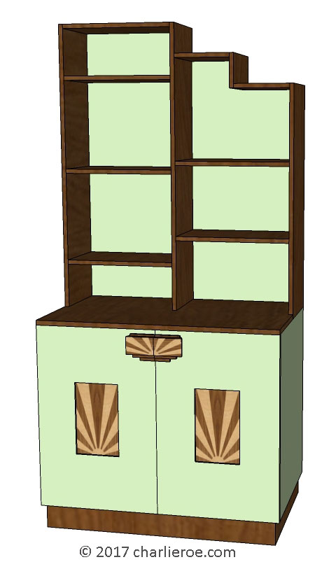 new Art Deco Moderne stepped Skyscraper style bookcase storage cabinet cupboard with marquetry panels and handles and lacquered painted
