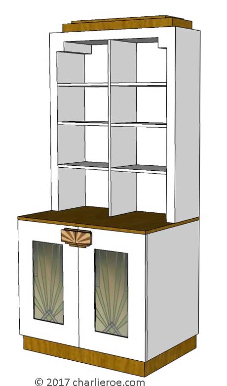 new Art Deco Moderne stepped Skyscraper style bookcase storage cabinet cupboard with stained glass door panels &  marquetry door handles