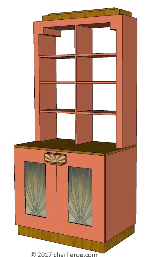 new Art Deco Moderne stepped Skyscraper style bookcase storage cabinet cupboard with stained glass door panels &  marquetry door handles