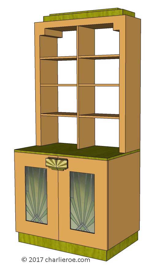 new Art Deco Moderne stepped Skyscraper style bookcase storage cabinet cupboard with stained glass door panels &  marquetry door handles
