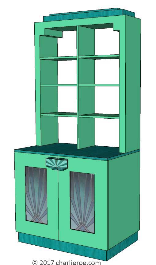 new Art Deco Moderne stepped Skyscraper style bookcase storage cabinet cupboard with stained glass door panels &  marquetry door handles