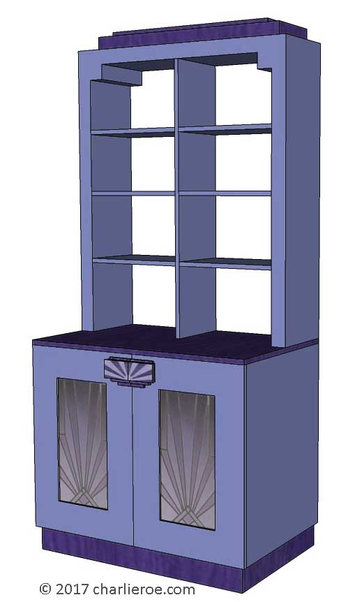 new Art Deco Moderne stepped Skyscraper style bookcase storage cabinet cupboard with stained glass door panels &  marquetry door handles