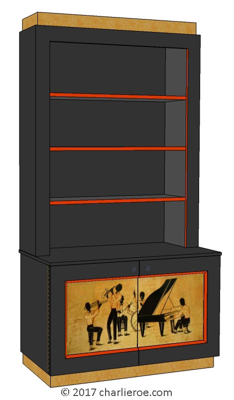 New Art Deco Moderne stepped bookcase display cabinet home office bar drinks cabinet with jazz band silhouettes design door panels
