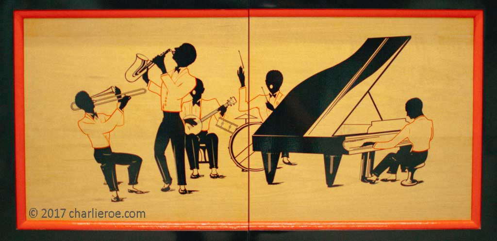 New Art Deco Moderne cabinet home office bar drinks cabinet with jazz band silhouettes design door panels