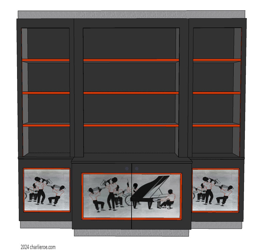 New Art Deco Moderne single 4 bay 4 door bookcase with breakfront middle section with jazz band silhouettes design on silver door panels