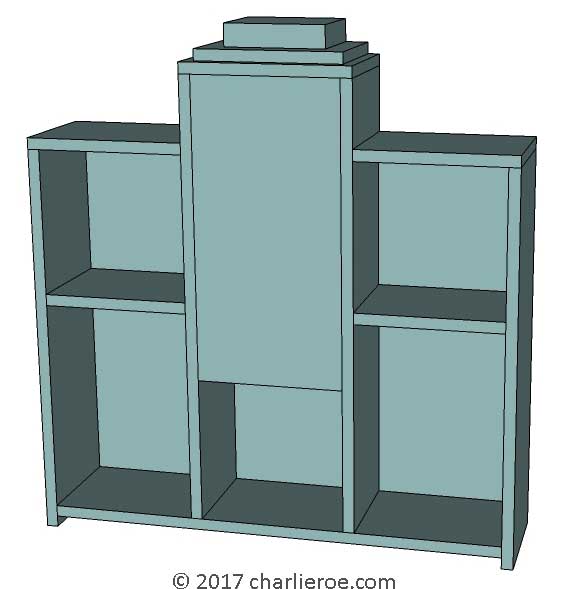 New Art Deco Moderne Skyscraper style stepped bookcase display bookshelf unit with marquetry veneer Skyscraper door panel deign and painted lacquered finish