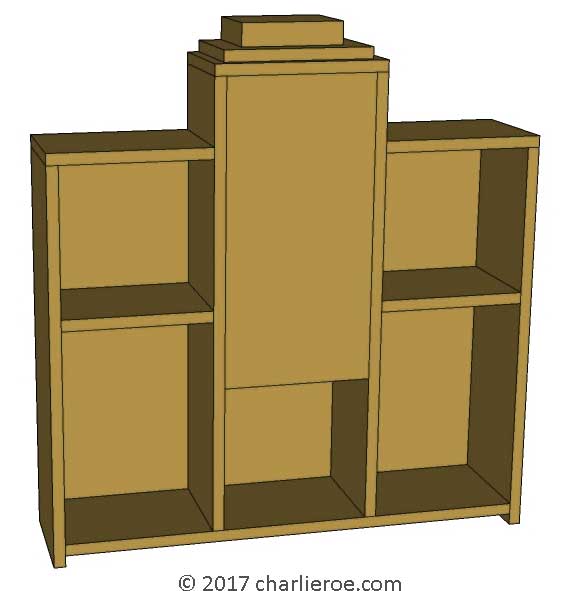 New Art Deco Moderne Skyscraper style stepped bookcase display bookshelf unit with marquetry veneer Skyscraper door panel deign and painted lacquered finish