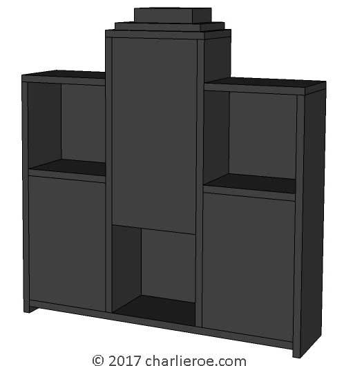 New Art Deco Moderne Skyscraper style stepped bookcase display bookshelf unit with marquetry veneer Skyscraper door panel deign and painted lacquered finish