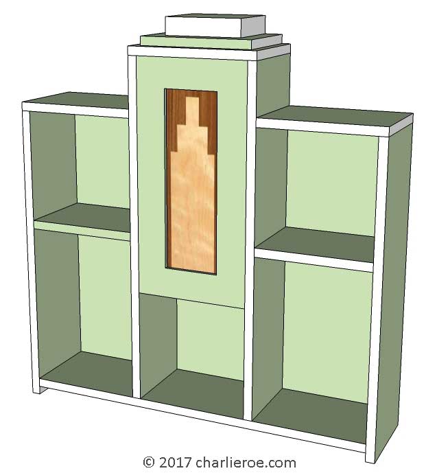New Art Deco Moderne Skyscraper style stepped bookcase display bookshelf unit with marquetry veneer Skyscraper door panel deign and painted lacquered finish