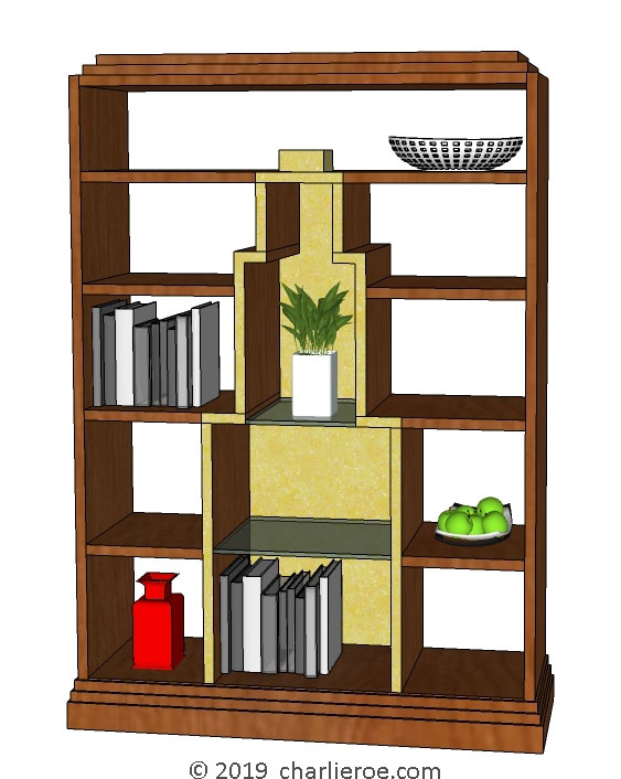 new Art Deco wood or painted bookcases with Skyscraper silhouette design and birds eye maple or cork back panel
