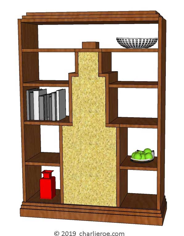 new Art Deco dark wood bookcase with Skyscraper silhouette design with bird's eye Maple or cork door